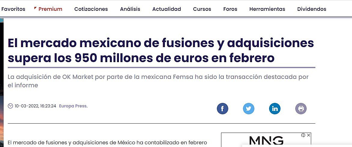 El mercado mexicano de fusiones y adquisiciones supera los 950 millones de euros en febrero